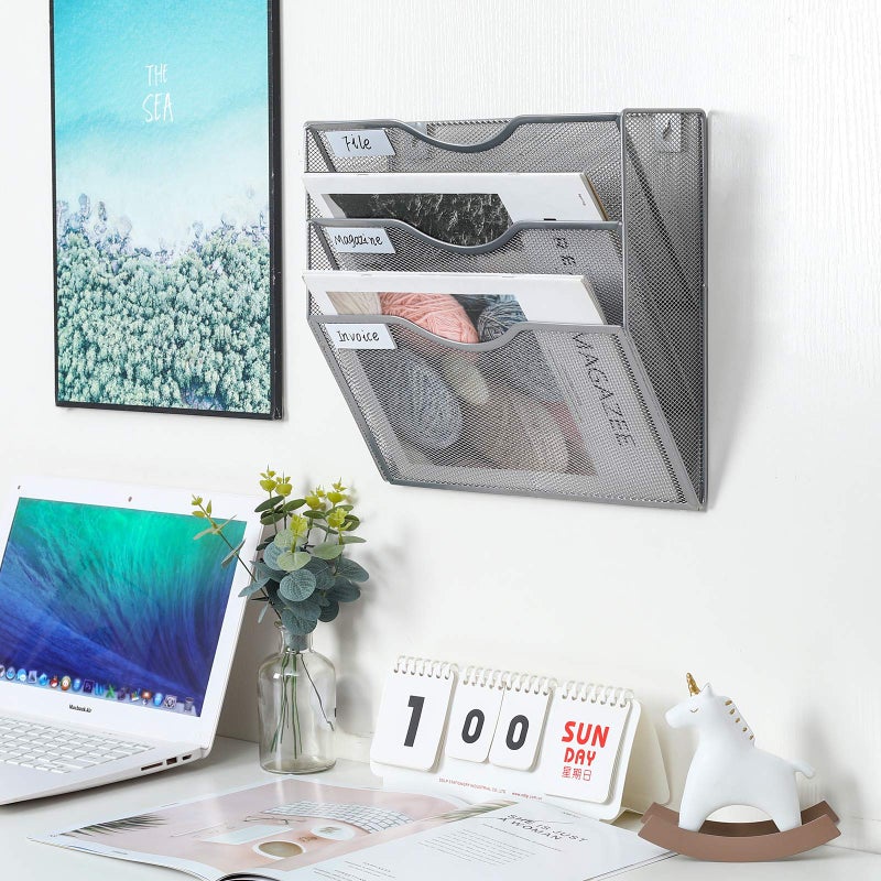 PAG Hanging Wall File Holder Mail Organizer Wall Mount Document Letter Rack, 3-Tier, Silver - Image 5